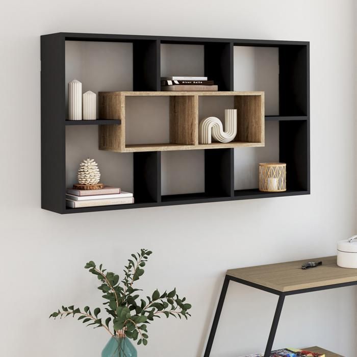 Estantería de pared IDMARKET COLETTE con 8 compartimentos, color negro y efecto madera.