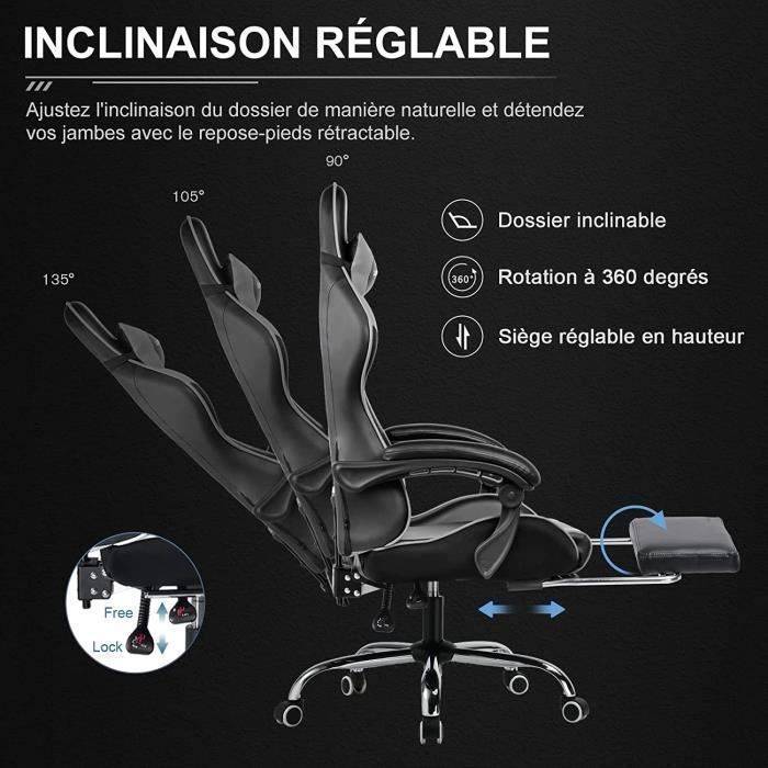 Gaming Chair with Footrest, Lumbar Massage Cushion, Ergonomic Office Chair with Synchronized Armrest (Grey)