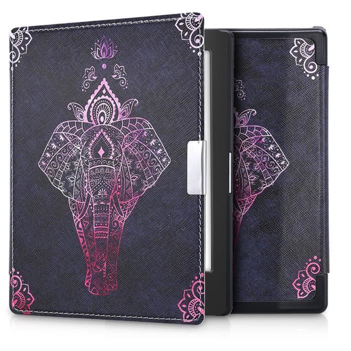 KWMOBILE Étui liseuse Kobo Aura Edition 1 - Housse simili cuir à rabat magnétique, motif éléphant fuchsia