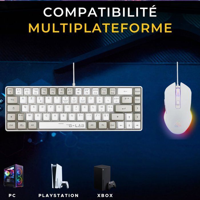 Pack 2 en 1 - THE G-LAB - Combo Hydrogen - Clavier AZERTY - Souris filaire - Blanc/Gris