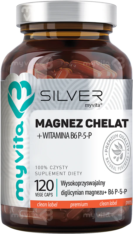 Cápsulas de suplemento alimentar MyVita Silver Magnesium Chelate + B6 P-5-P para auxiliar na saúde do sistema nervoso.