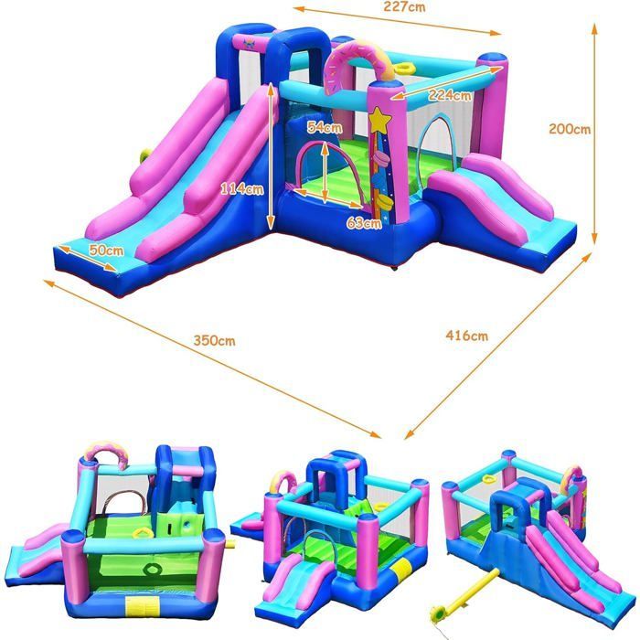 COSTWAY Château Gonflable 5 en 1 avec 2 Toboggans et Sac de Transport 416 x 350 x 200 cm Charge Max 90KG Souffleur non Inclus