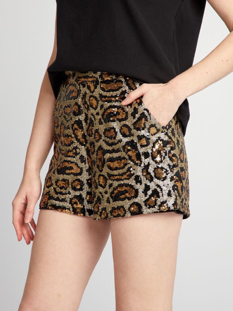 Shorts met luipaardprint en pailletten - ZWART
