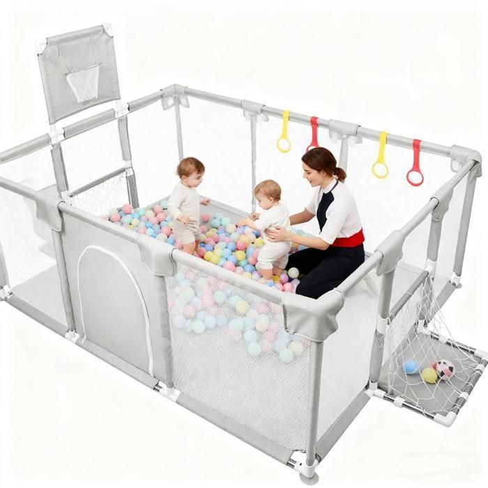 Parc bébé 180x120x66cm,Coin inclus,Grande parc enfant avec 50 balles,4 anneaux poignées,8 ventouses,Barrieres,Filets,Gris