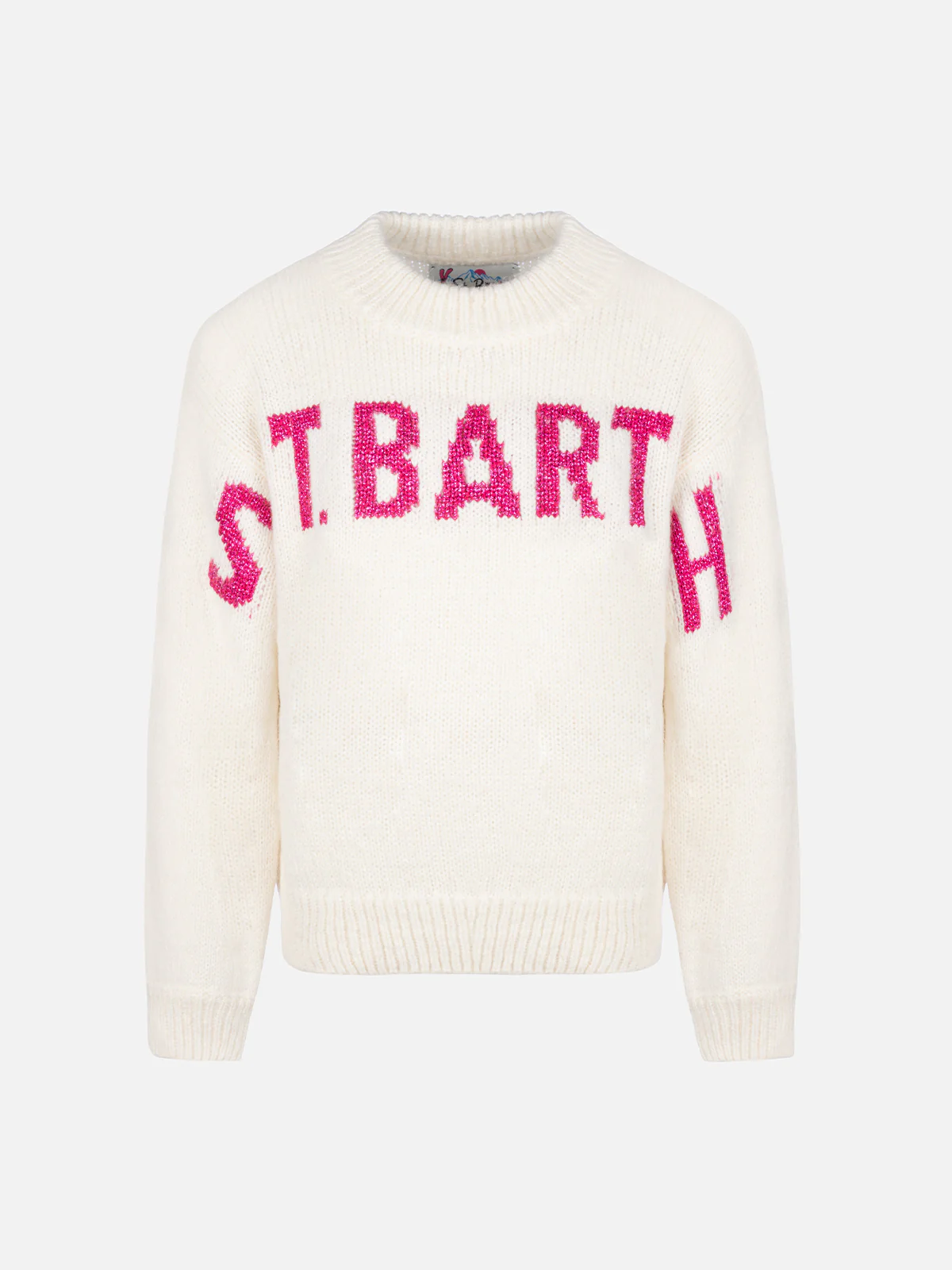 Roze Danya trui met ronde hals voor meisjes met Saint Barth-logo in lurex.
