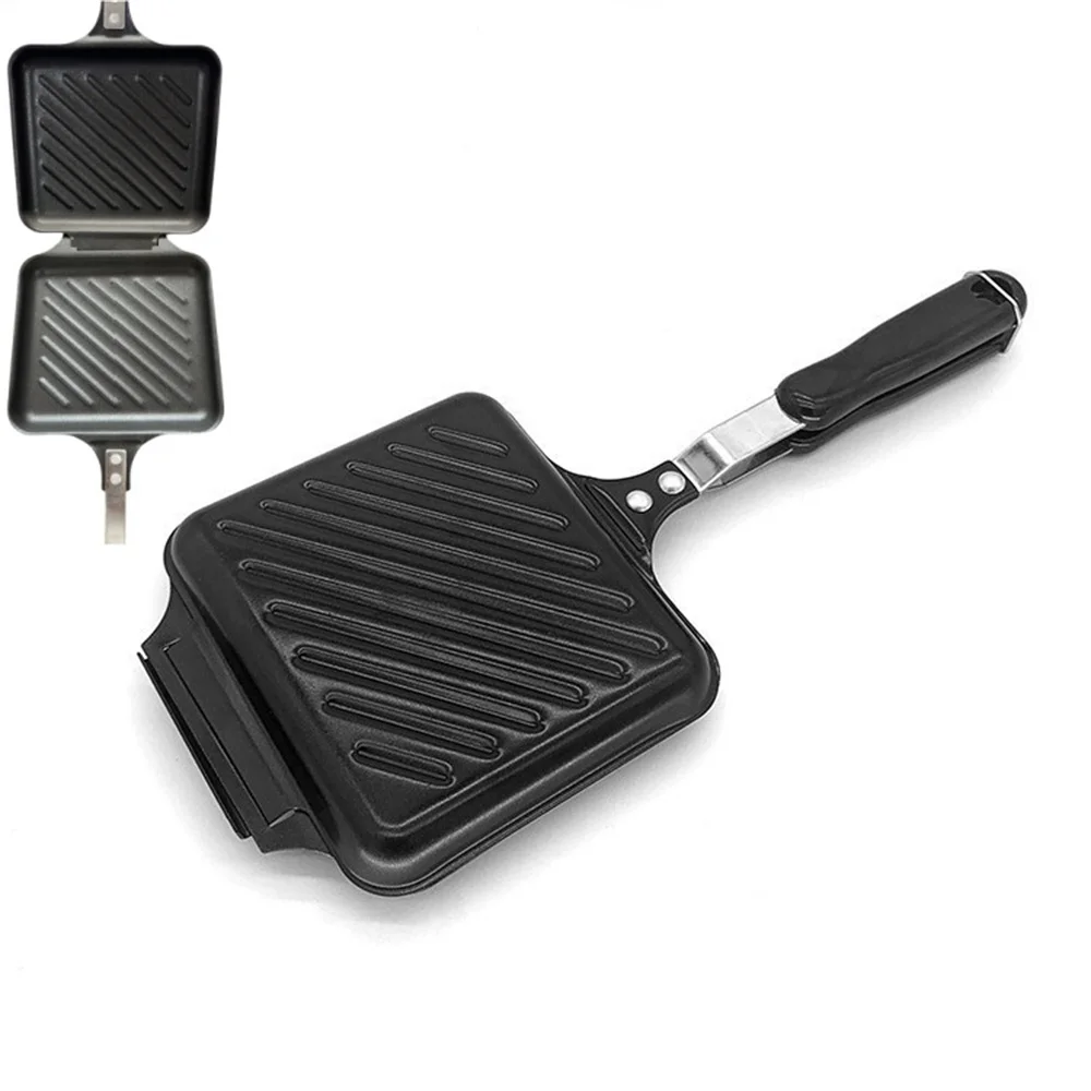 Poêle à frire double face antiadhésive, appareil à sandwichs grillés, poêle à griller réversible résistante à la chaleur avec poignée, ustensiles de barbecue pour le camping et les activités de plein air.