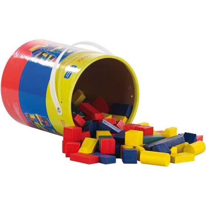 Conjunto de construção em madeira - PLAYTASTIC - 100 peças - 4 cores - 6 formatos - Sortidas