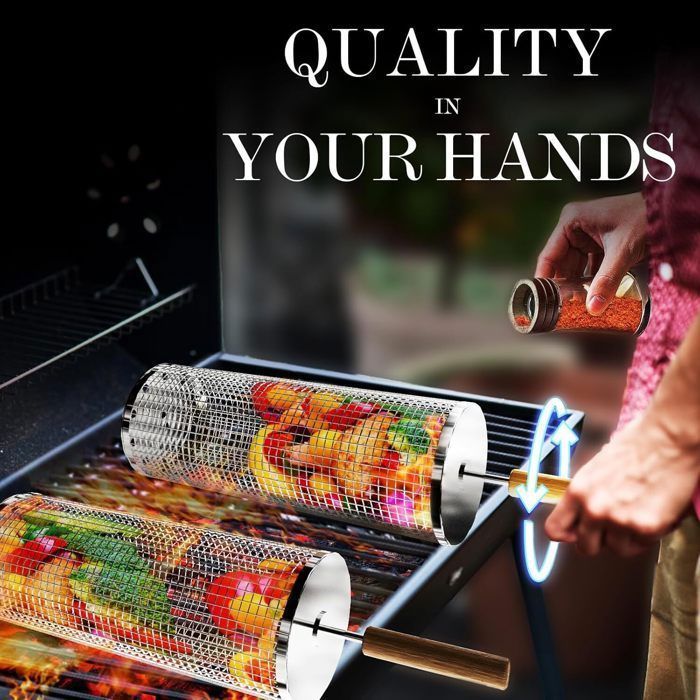 Accesorios para barbacoa - Juego de 2 cestas para barbacoa con asas de madera extraíbles, cestas cilíndricas para asar.