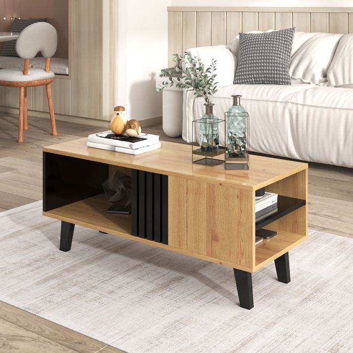 ELVMI Table Basse Fonctionnelle avec Tiroir Latéral, Rangement Intégré, Structure Solide - Naturel, 100x60x45 cm
