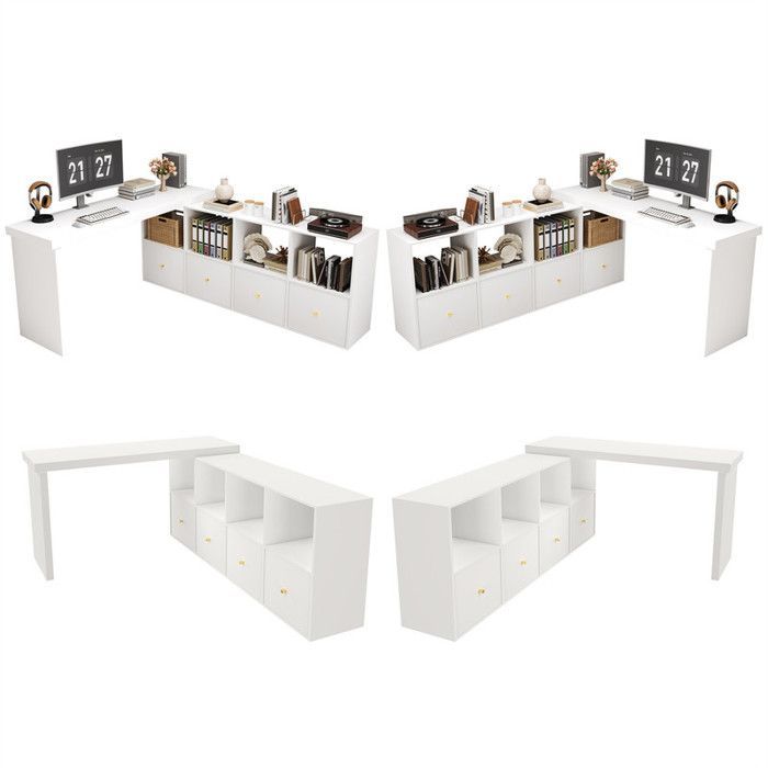 Reversible L-shaped corner desk, 4 shelves, 120 cm desk with storage and 4 drawers, desk for bedroom, studio, white
