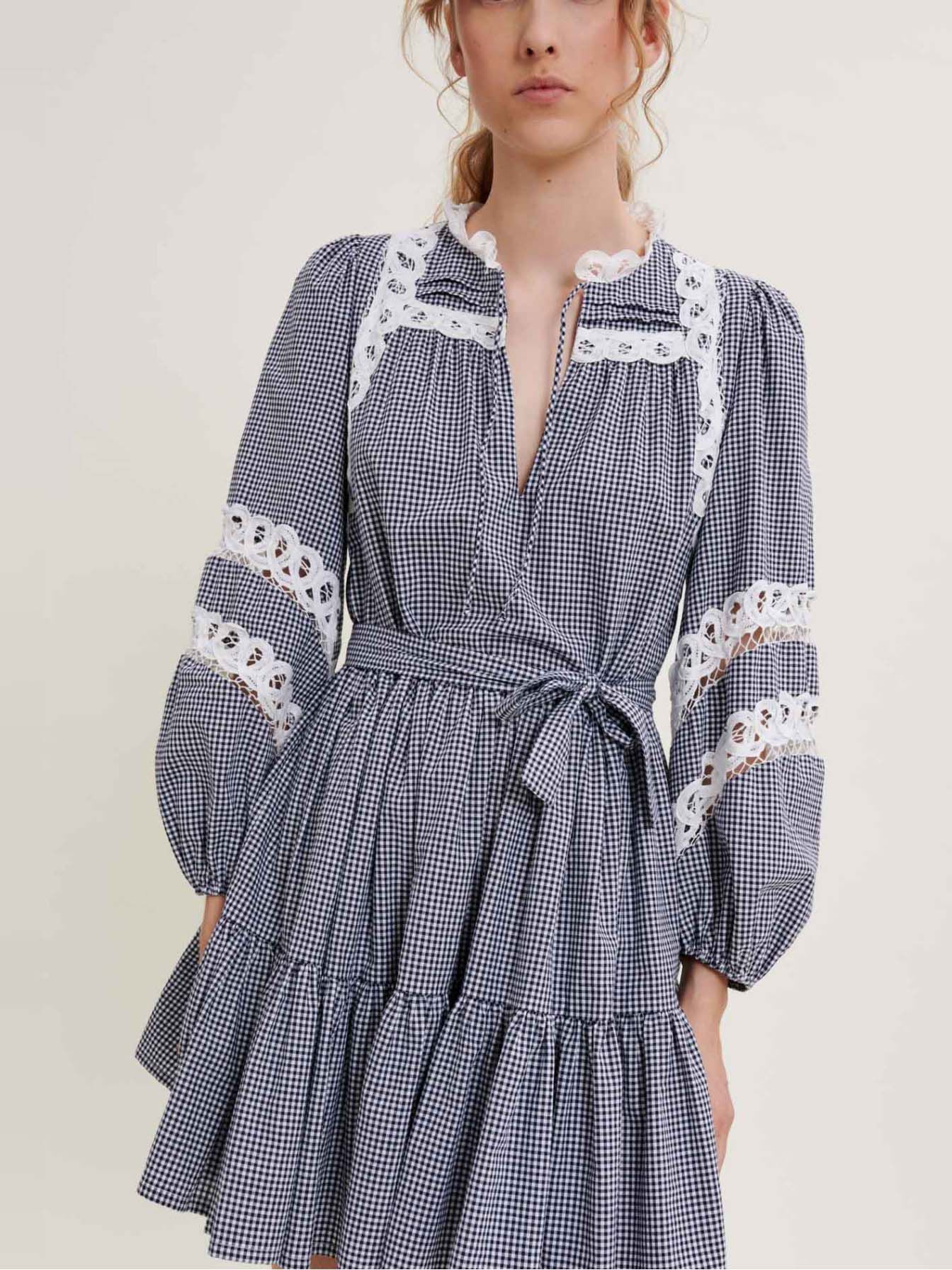 Jurk met Vichy-ruitjes en kant - Marineblauw / Ecru