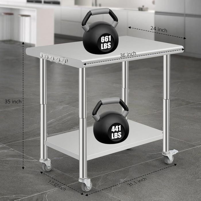 Table de Travail - INOX - 91x61x90cm - 2 Étagères - Roulettes - Réglable