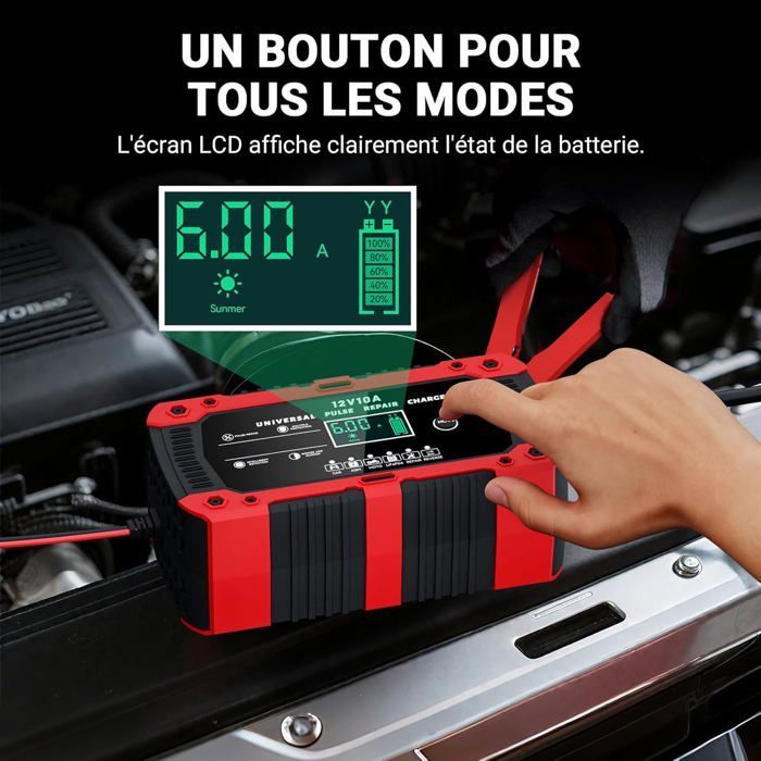 Cargador de batería para coche LiFePO4 de 12 V y 10 A, cargador inteligente para coches y motocicletas con pantalla LCD y reparación automatizada.
