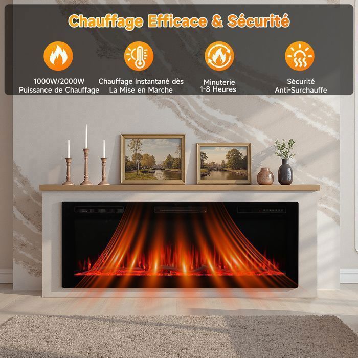 HOMAVO 50'' Cheminée Électrique, 1000/2000W, Flamme 3D, APP Contrôle, Minuterie, Sécutité Surchauffe, Meuble incluse