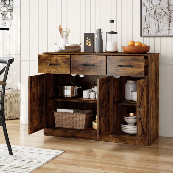 Aparador de cocina COSTWAY, cajones y puertas, estantes ajustables, mueble de almacenamiento para comedor y sala de estar, marrón rústico