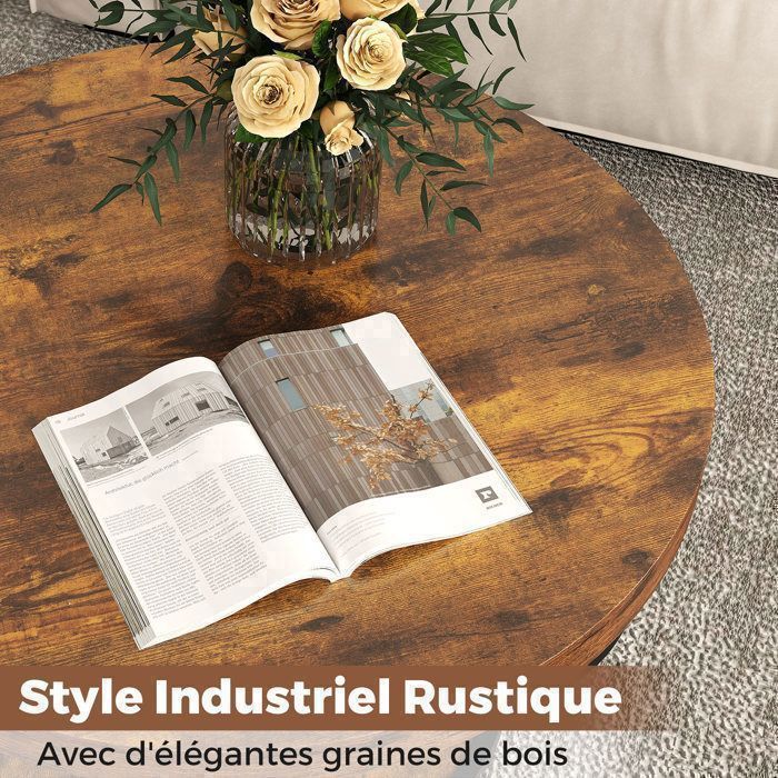 Table Basse Salon 80 cm à 2 Niveaux COSTWAY, Cadre en Métal, Table Basse Bois Table Ronde d'Appoint pour Chambre, Marron