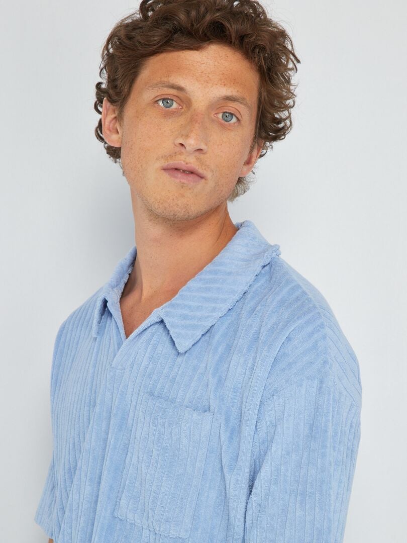 Camisa polo canelada em tecido atoalhado - AZUL