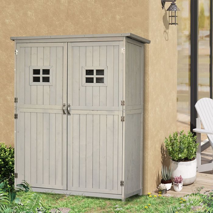 Caseta de jardín Outsunny - armario de herramientas de madera con 2 estantes, 2 puertas, 2 ventanas, techo de betún - madera de abeto - 127,5 x 50 x 164 cm