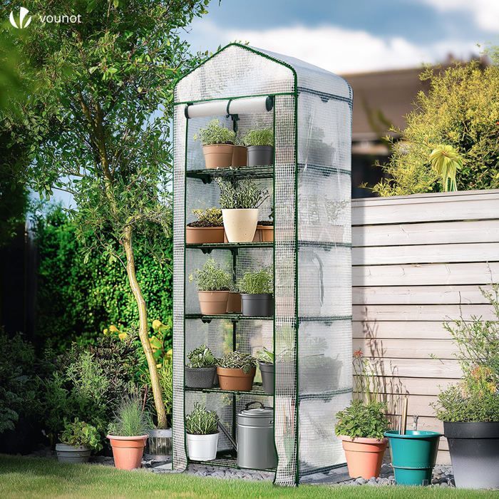 Invernadero de jardín VOUNOT® con 5 estantes - 69x49x193cm Blanco - Cubierta reforzada - Puerta enrollable con cremallera