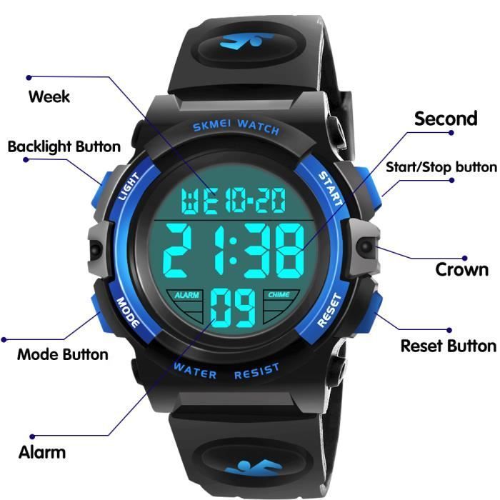 Correas de reloj azules, reloj infantil LED para niños, formato de 12/24 horas con alarma, reloj deportivo.