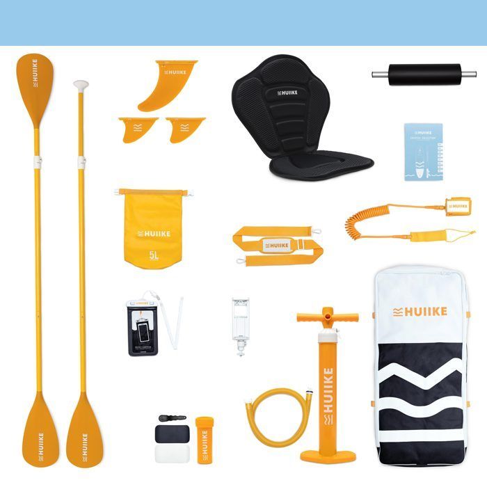 Adult Inflatable Paddleboard, Black, with Quality Accessories - HUIIKE - Stand Up Paddleboard with Double Paddle and Kayak Seat