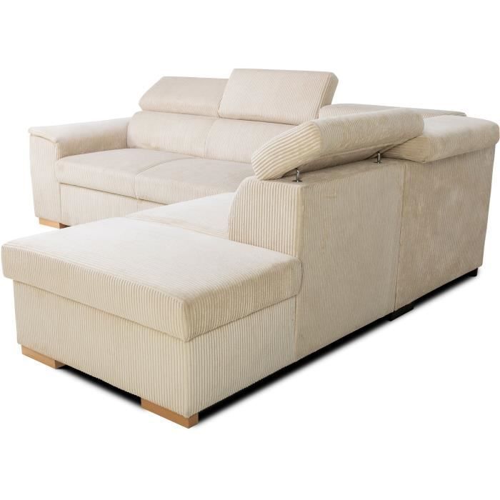 Sofá cama esquinero reversible DAYTONA de 5 plazas - Pana beige - Compartimento de almacenamiento - Ancho 260 x Alto 94 x Profundidad 216 cm