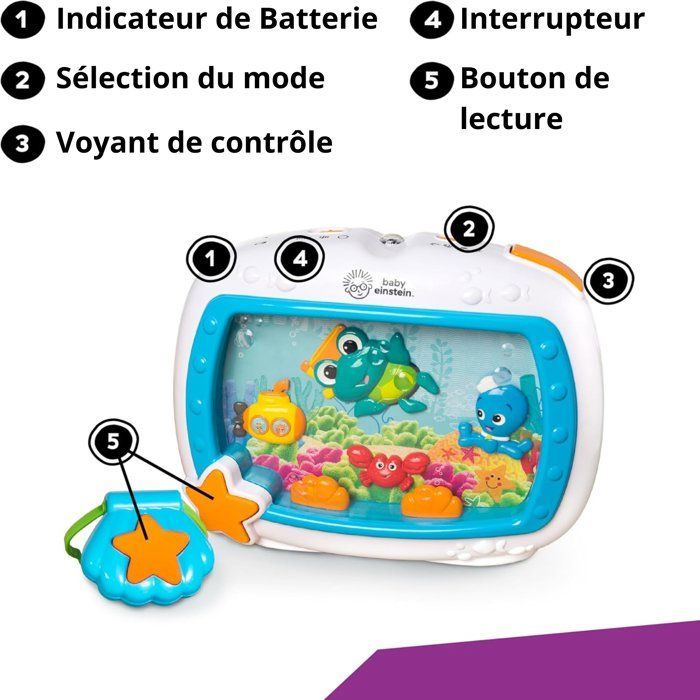 BABY EINSTEIN – Baby-Nachtlicht „Ozeanträume“ – Musikalische Aquarium- und Meeresgeräusche, Fernbedienung, Blau