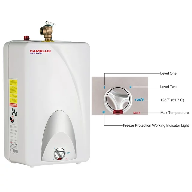 Aquecedor de água elétrico Camplux ME40N de 4 galões com mini tanque e plugue, 120 V