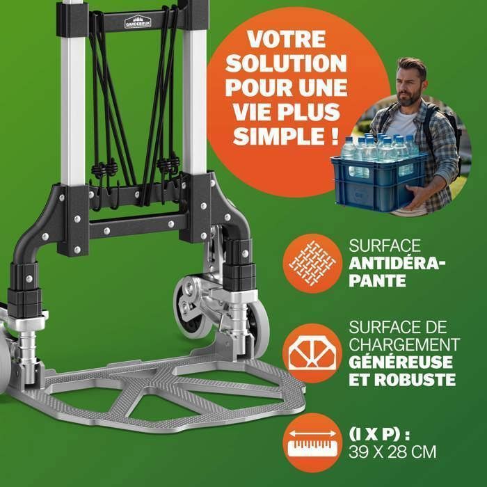 GARDEBRUK® Diable aluminium pliable escalier 80kg 6 roues pleines increvables gants 2 tendeurs chariot de transport déménagement