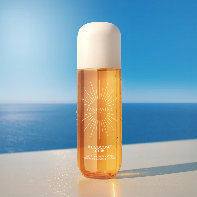 Lancaster Eau de Lancaster Hair & Body Mist, een geparfumeerde mist voor gezicht, lichaam en haar. Coconut Club-geuren.