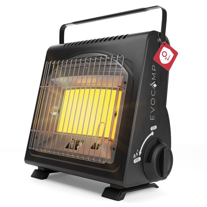 EVOCAMP draagbare gaskachel 1,7 kW keramisch, met ozondetector, geschikt voor binnen en buiten, ideaal voor tenten en mobiel kamperen in de winter.
