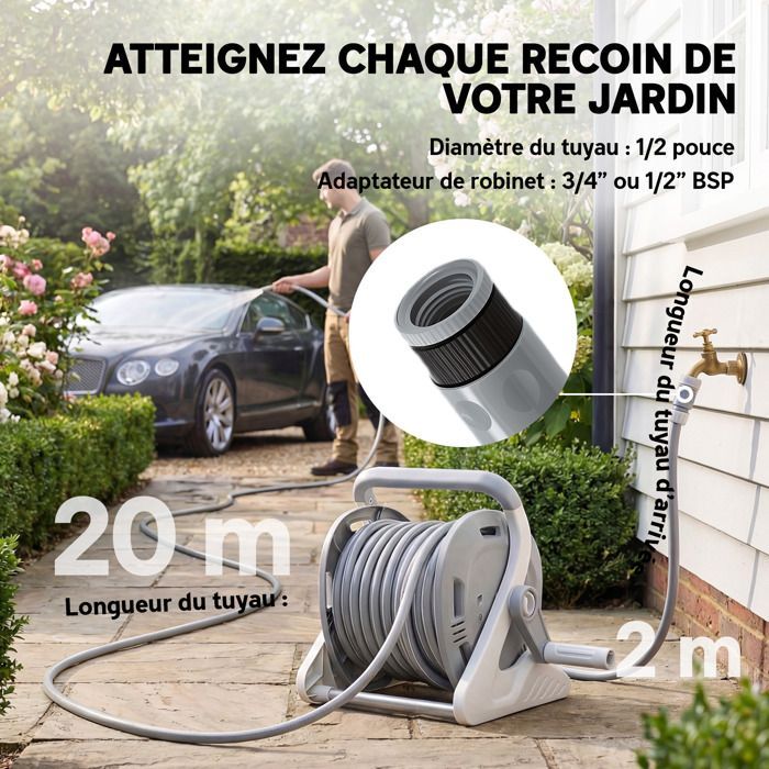 Enrollador de manguera de jardín de pared de 20+2 m x Ø 15 mm, dispensador de manguera de agua portátil, boquilla de 2 modos, gris
