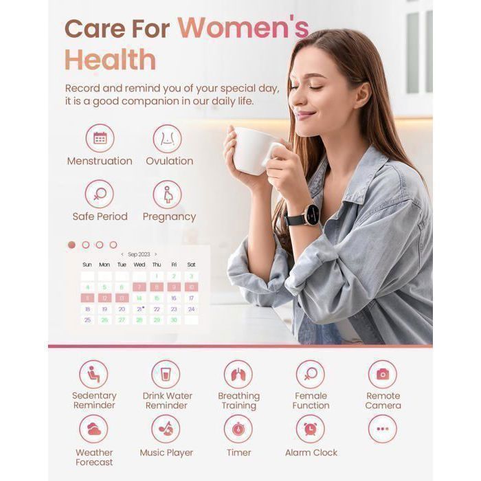 Elegante reloj inteligente para mujer: llamadas Bluetooth, monitorización de frecuencia cardíaca/presión arterial/SpO2, seguimiento del sueño, más de 100 deportes, resistencia al agua IP68, pantalla HD de 1,39″ – Tiducel®