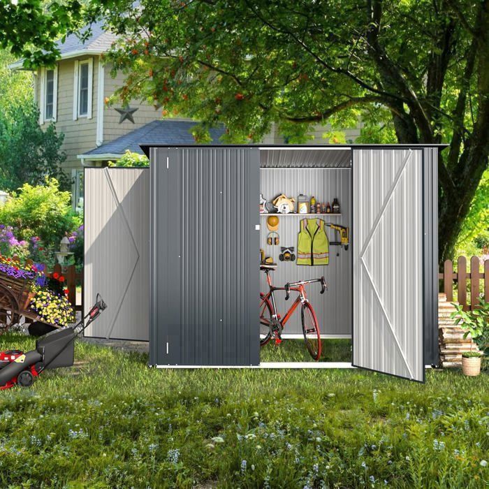 Caseta de jardín metálica YODOLLA de 2,65 m², 3 puertas correderas, techo inclinado, para bicicletas/motos - 225x118x170 cm - Gris