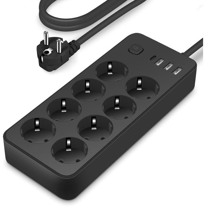 Regleta de 8 tomas con 1 puerto USB-C, 3 puertos USB-A (5V 2A/12W), protector contra sobretensiones con interruptor y cable de 1,8 m.