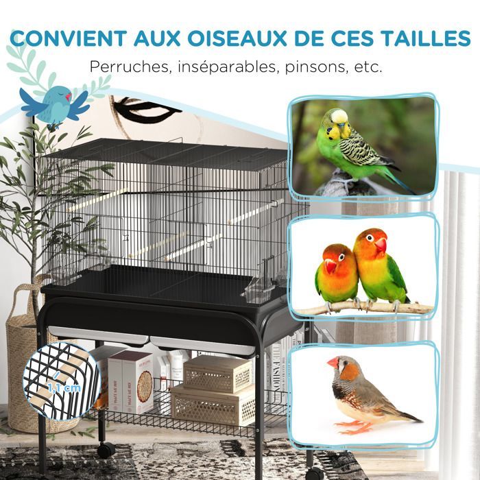 Grand cage oiseaux cage perroquet avec support roulettes pour cacatoès perruche canaris perroquet 85 x 49 x 119 cm noir