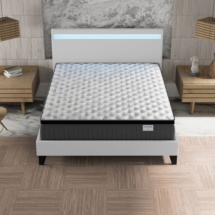 Colchón y cama (140x200cm) - Elekctra 30cm Muelles ensacados y espuma viscoelástica + Base de láminas estable y cabecero LED Blanco