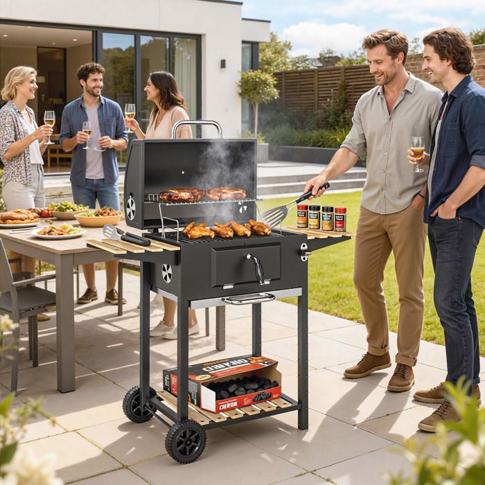 Outsunny Charcoal Barbecue - Height Adjustable - Grill, Lid, Thermometer, Shelves, Wheels, and Bottle Opener - Black