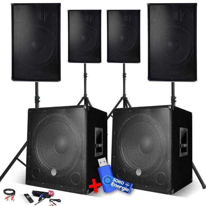 Complete 4800W PA System Package, 4 Speakers, 2 Subwoofers, USB/Bluetooth, PC Cable + Stands, DJ Sound System Equipment, 32GB USB Drive Included