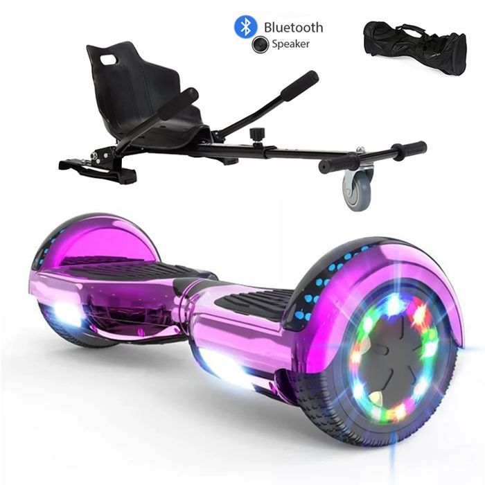 Hoverboard rosa cromado de 6,5 pulgadas con Hoverkart, altavoz Bluetooth, luces LED multicolor, control remoto y bolsa de transporte incluida.