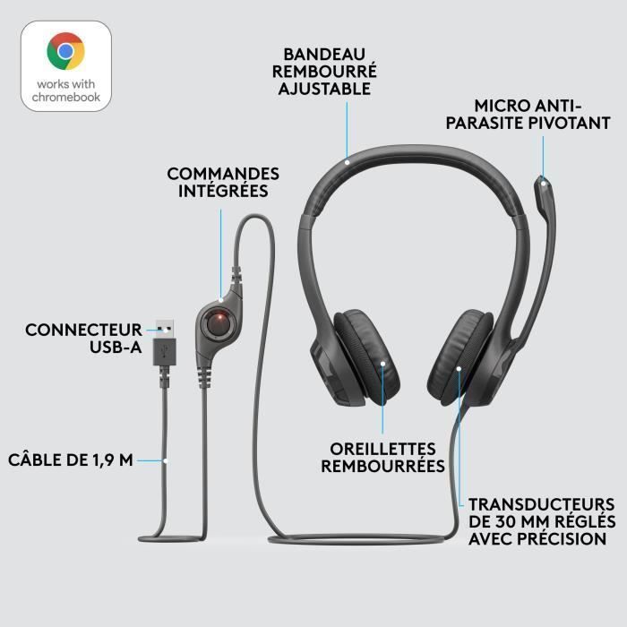 Auriculares con cable Logitech H390, USB, con cancelación de ruido, color negro.