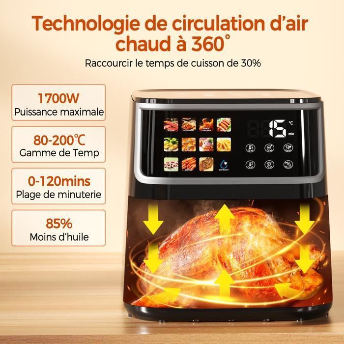 Freidora de aire sin aceite de 8,5 L, 1700 W con ventana transparente, pantalla táctil LED, 12 programas preestablecidos, 80-200 °C.
