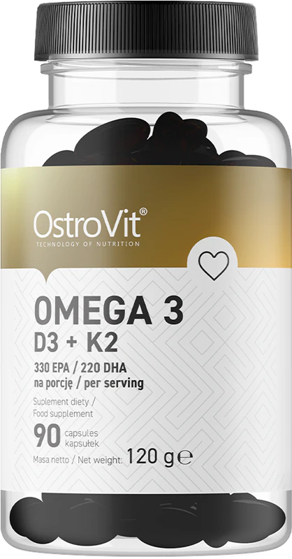 OstroVit Ômega 3 D3+K2, suplemento alimentar em cápsulas gelatinosas, para o bom funcionamento do coração e do cérebro.