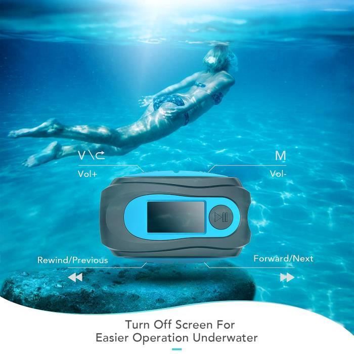 MP3 Etanche IPX8 avec Clip Ecran en Couleur, 8Go Lecteur avec Radio Waterproof HiFi Lossless Baladeur pour Natation et Sport, Bleu