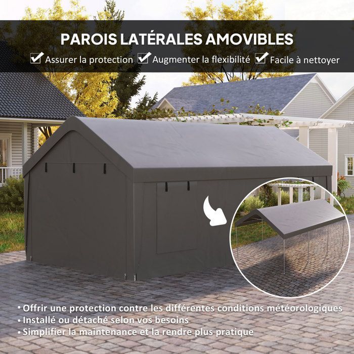 Carport tente de garage - Outsunny - 3 x 6 m - parois latérales amovibles, 2 portes enroulables et 4 fenêtres - gris foncé