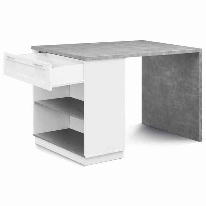 IDMARKET VITO 130cm White Standing Kitchen Island with Concrete Effect Top, 4-Person Bar Table, White Finish
