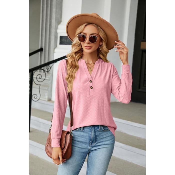 T-shirt Femme Manches Longues Col V Casual Tee Shirt Couleur Unie Automne Hiver Confortable