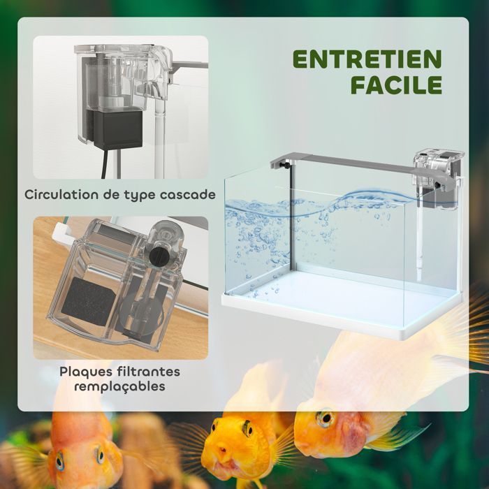 Aquarium - PawHut - avec lumières LED, pompe à filtre - en verre 20L - pour poissons rouges, poissons combattants - blanc