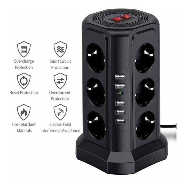 Overspenningsbeskyttet strømskinne med 5 USB-porter og 12 uttak, 2 brytere, hvit