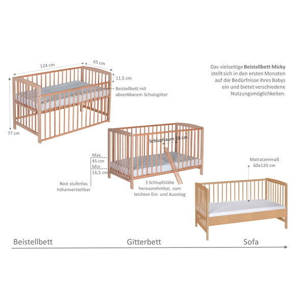 Micky bedside cot, 60 x 120 cm, including mattress, natural